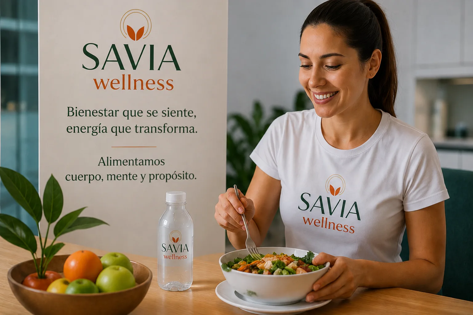 Mesa de trabajo con un bowl de ensalada, fruta fresca y agua, junto al cartel de SAVIA Wellness con su declaración de propósito.